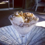 Cinnamon ice cream topped with pecan pie granola and date caramel